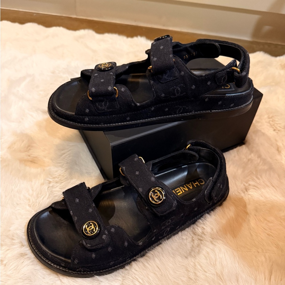 Chanel Kids Navy Sandals with Gold Accents